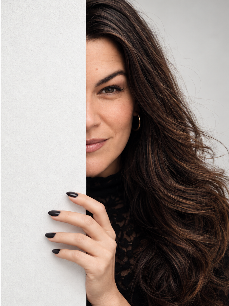 Chelle smiling from behind a white wall
