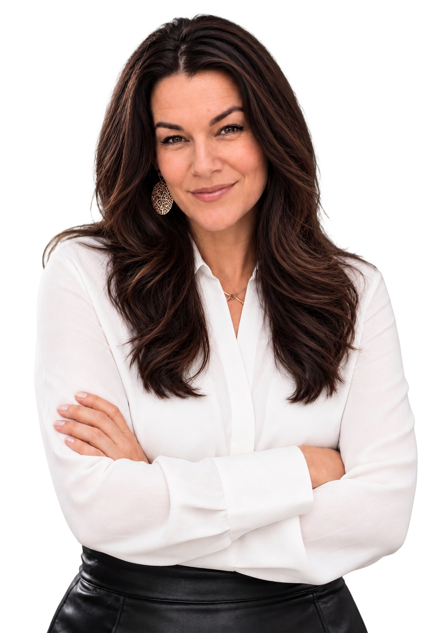Chelle Temple, arms crossed, in a white blouse